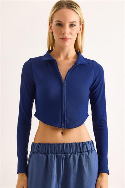 Kadın Polo Yaka Fermuarlı  Fitilli Kaşkorse Crop Lacivert