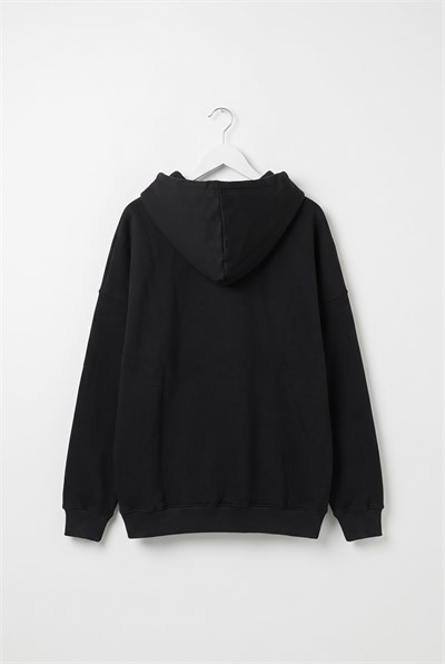 Kadın Kapüşonlu Fermuar Detaylı Cepli Sweatshirt Siyah