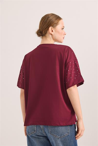 Taş Detaylı Rahat Kalıp Premium Pamuk Tshirt	Bordo