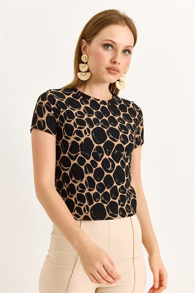 Geometrik Desen Kısa Kollu Bluz Kahverengi