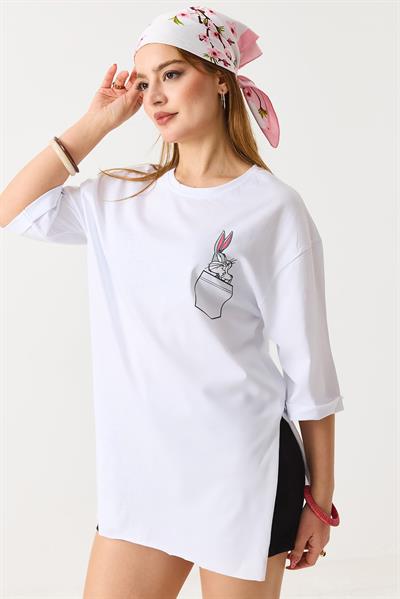 Kadın Yanları Yırtmaçlı Oversize  Basic Tshirt  Beyaz