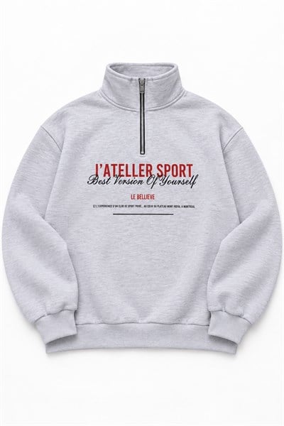 Kadın Dik Yaka Yarım Fermuarlı Baskılı Sweatshirt Gri