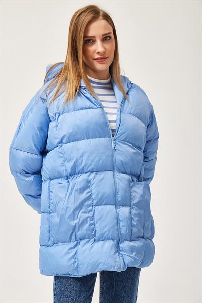 Kapüşonlu Oversize Şişme Mont Mavi