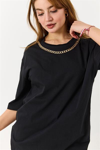 Kadın Yakası Gold Zincirli Bisiklet Yaka Tshirt Siyah