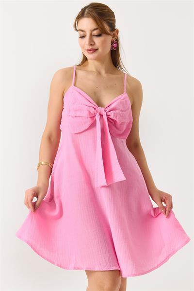 Kadın Büyük Fiyonk Detaylı Müslin Askılı Mini Elbise Pembe