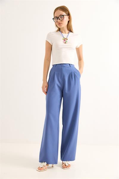 Yüksel Bel Geniş Paça Palazzo Pantolon Mavi