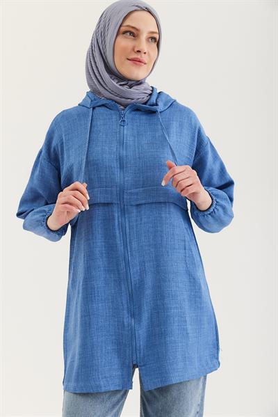 Araboy Kapşonlu Keten Kap Mavi