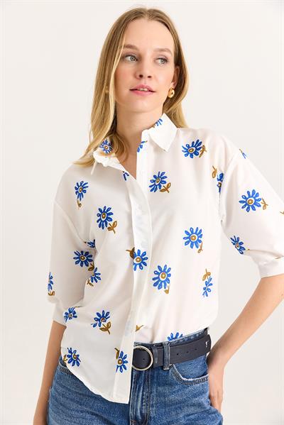 Balon Kol Desenli Kadın Gömlek Mavi Beyaz