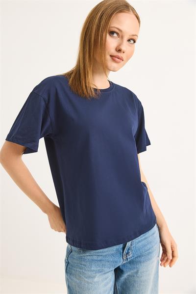 Bisiklet Yaka Kısa Kollu Fit Tshirt İndigo