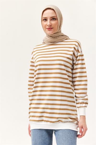 Çizgili Oversize Tunik Vizon