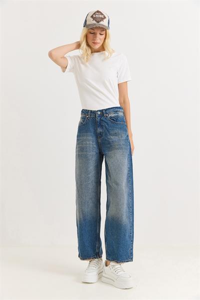 Kadın Bol Kesik Paça Şık Kot Pantalon  Mavi