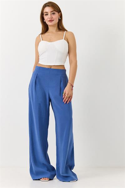Kadın Beli Lastikli Yandan Fermuarlı Salaş Kesim Mevsimlik Pantolon Mavi