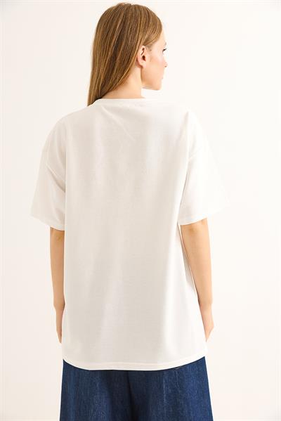 Baskılı Rahat Kalıp Tshirt Beyaz