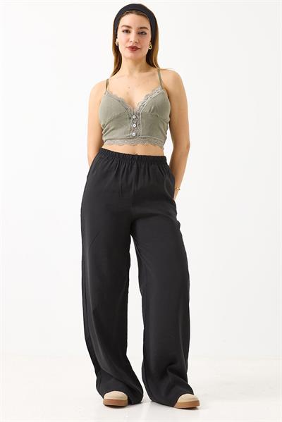 Kadın Bol Kesim Tensel Kumaş Beli Lastikli Siyah