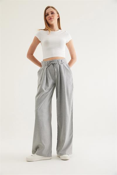 Kendinden Kemerli Cepli Bol Pantolon Gri