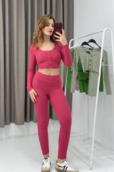 Kadın Düğmeli Crop Tayt İkili Fitilli Takım Pembe 