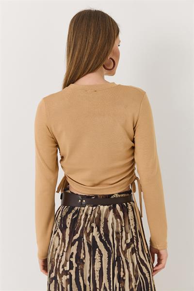 Yanları Büzgülü Uzun Kollu Vizon Bluz 