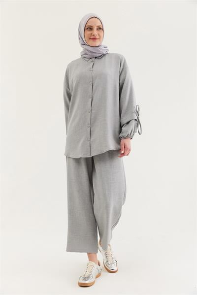 Kol Büzgülü Gömlek Pantolon İkili Takım Gri