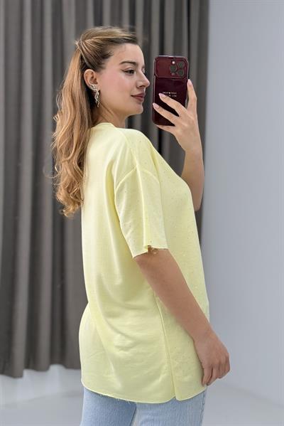 V Yaka Taşlı Yarım Kol T-shirt  Sarı