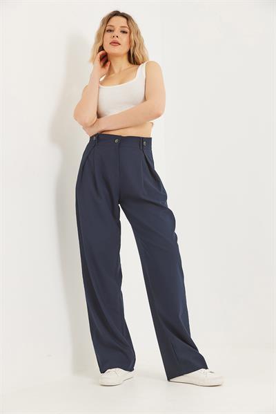 Bol Kesim Dökümlü Palazzo Pantolon Lacivert
