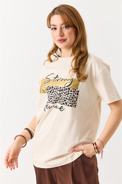 Kadın Bisiklet Yaka Baskılı Kısa Kol Tshirt Krem