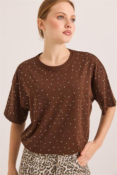 Taş Detaylı Rahat Kalıp Premium Pamuk Tshirt	Kahve
