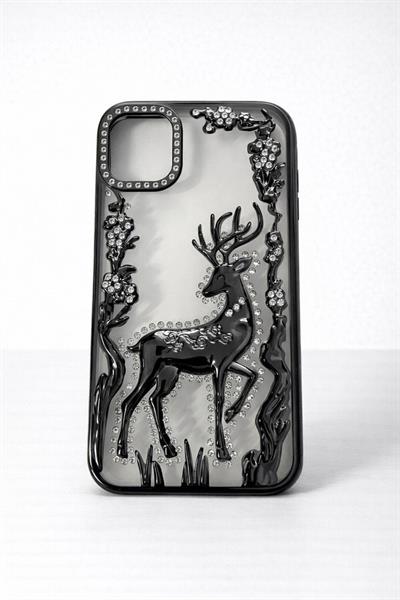 İphone 14 Pro Max Uyumlu Geyik ve Çiçek Kabartmalı Kılıf Siyah