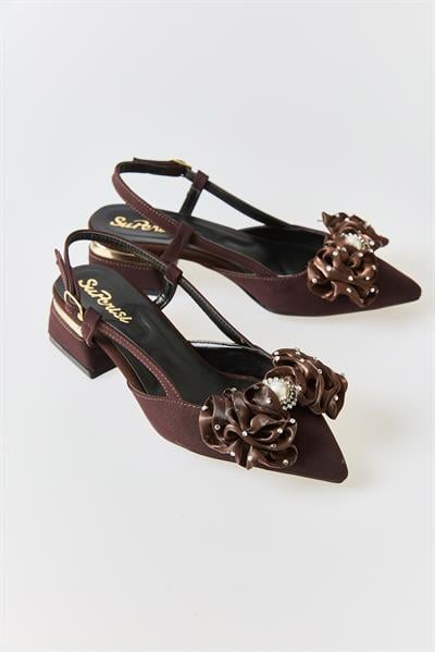 Kadın Büyük Fiyonklu Slingback Kısa Topuklu Ayakkabı Kahverengi