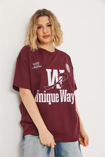 Bisiklet Yaka Baskılı Tshirt Bordo