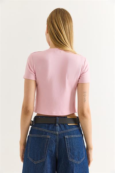 Deniz Yıldızı Baskılı Bisiklet Yaka Crop Pembe