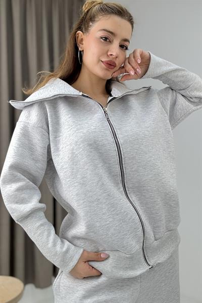 Kadın Fermuarlı Spor Esnek Sweatshirt Gri