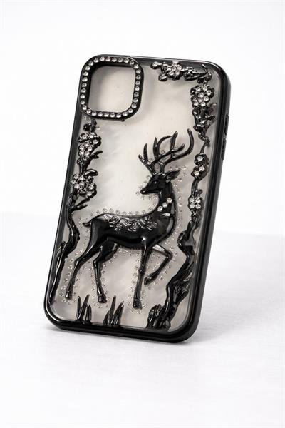 İphone 13 Uyumlu Geyik ve Çiçek Kabartmalı Kılıf Siyah