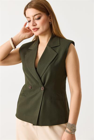 Kadın  Oversize Kruvaze Sıfır Kol Yelek Haki