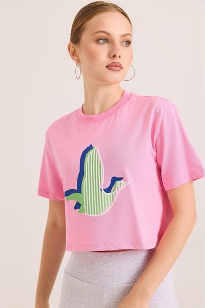Karikatür Kuş Baskılı Pamuk Örme Crop Tshirt Pembe