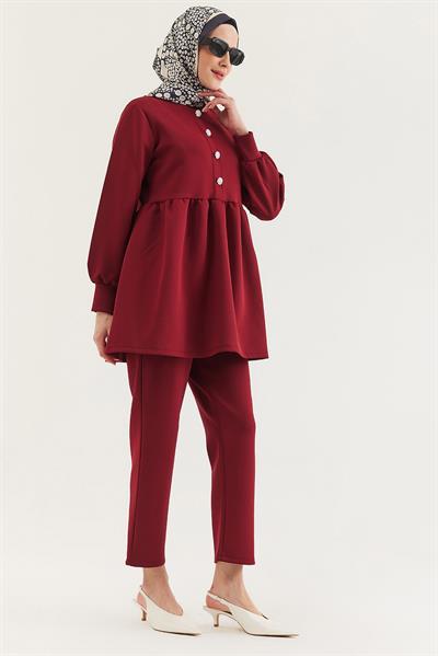 Taş Düğmeli Scuba İkili Takım Bordo