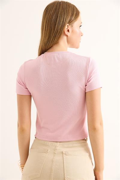 Bisiklet Yaka Kısa Kol Crop Bluz Pembe