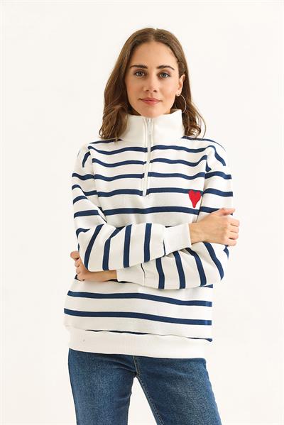 Kadın Oversize Çizgili Kalp Nakışlı Fermuarlı Sweatshirt Lacivert Beyaz