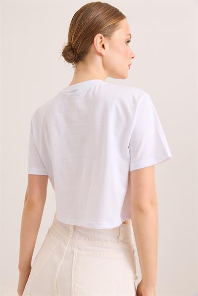 Nakışlı Örme Pamuk Crop Tshirt Beyaz