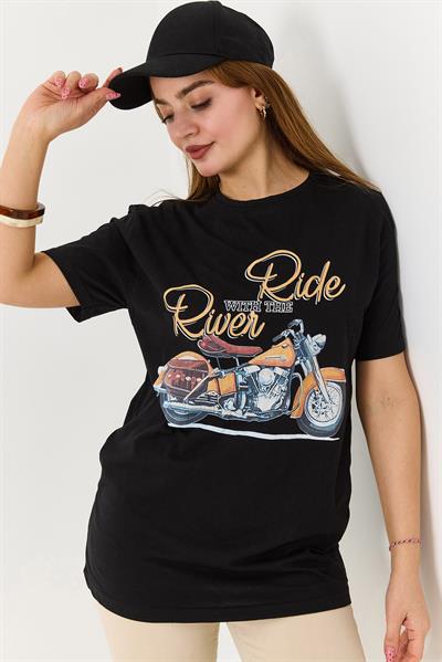 Kadın Bisiklet Yaka Motor Baskılı Tshirt Siyah