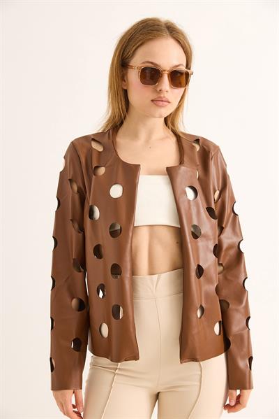 Lazer Kesim Delikli Model Ceket Kahverengi