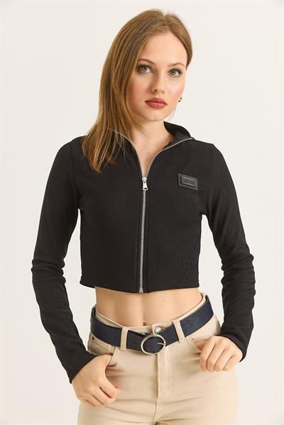 Dik Yaka Fermuarlı Crop Bluz Siyah