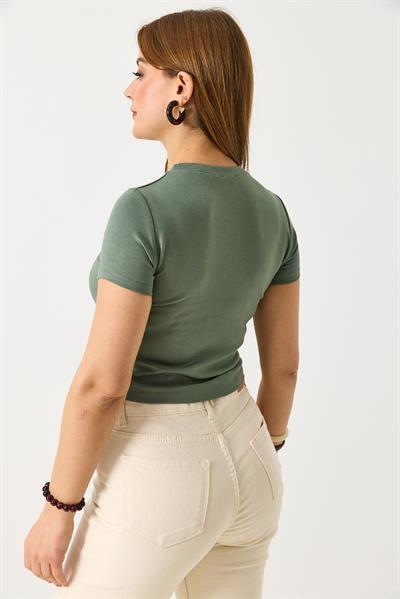 Kadın İncili Bisiklet Yaka Crop Bluz Yeşil