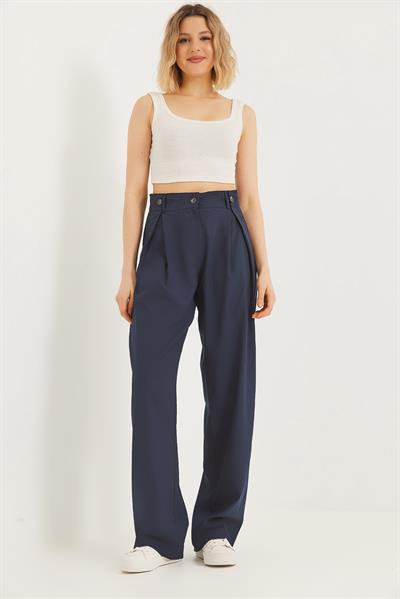 Bol Kesim Dökümlü Palazzo Pantolon Lacivert