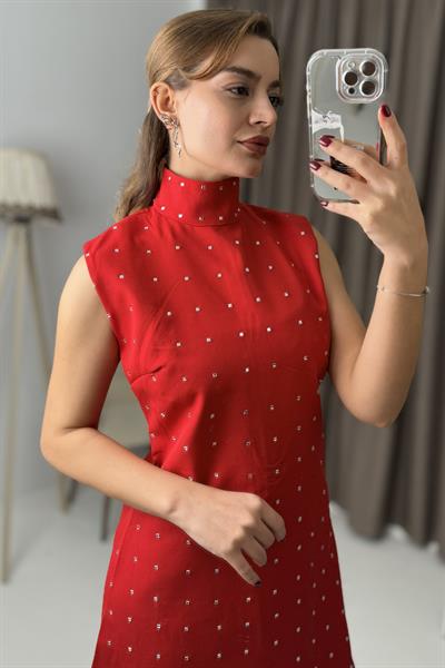 Taş Baskılı Mini Elbise Kırmızı