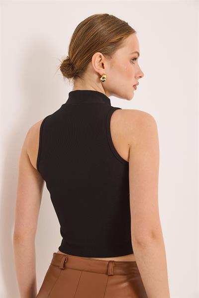 Fermuar Detaylı Fitilli Şık Örme Bluz Siyah