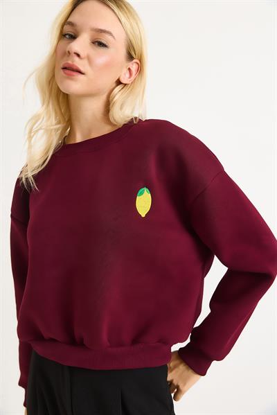 Limon Nakışlı Üç İplik Swetshirt Bordo