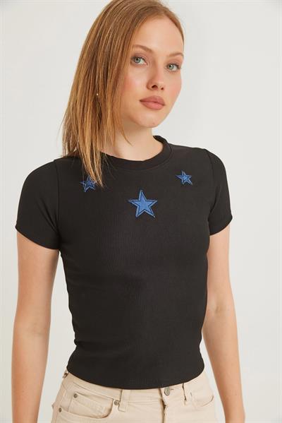 Yıldız Detaylı Fitilli Kısa Kollu Crop Bluz Siyah