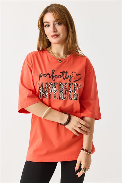 Kadın Bol Kesim Bisiklet Yaka Kısa Kol Tshirt Turuncu