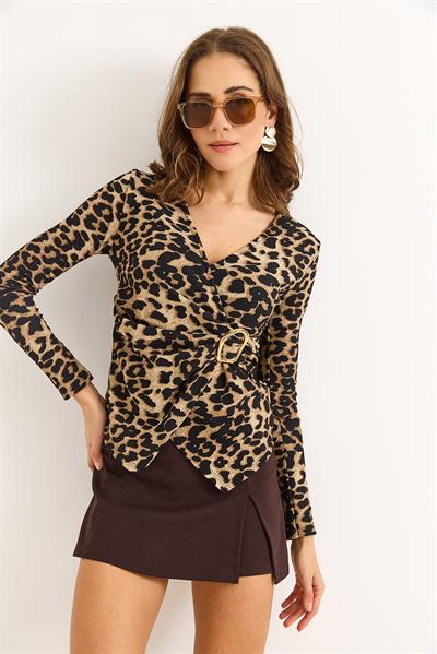 Kadın Yandan Tokalı Bluz Leopar