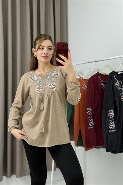 Kadın Vizon Triko Etnik Çiçek Nakışlı Kazak